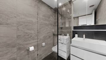 Shower, hair dryer, towels, shampoo