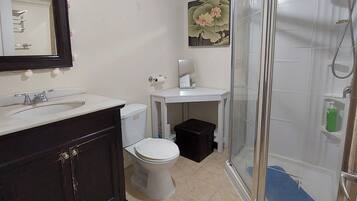 Shower, hair dryer, towels, soap