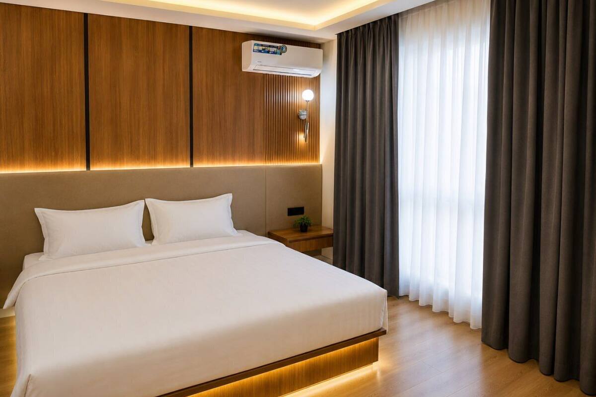 Una habitación de hotel moderna con una cama grande, paneles de madera, un equipo de aire acondicionado, una mesita de noche con lámpara y una ventana con cortinas.