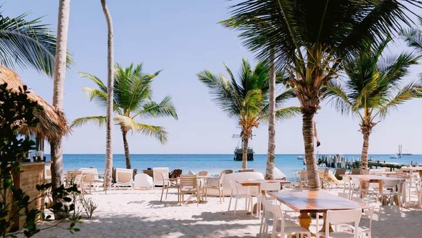 A beachside restaurant with outdoor seating, palm trees, and a view of the ocean. - Cana Life Luxury | Sapphire Sky Pool Penthouse (Punta Cana)