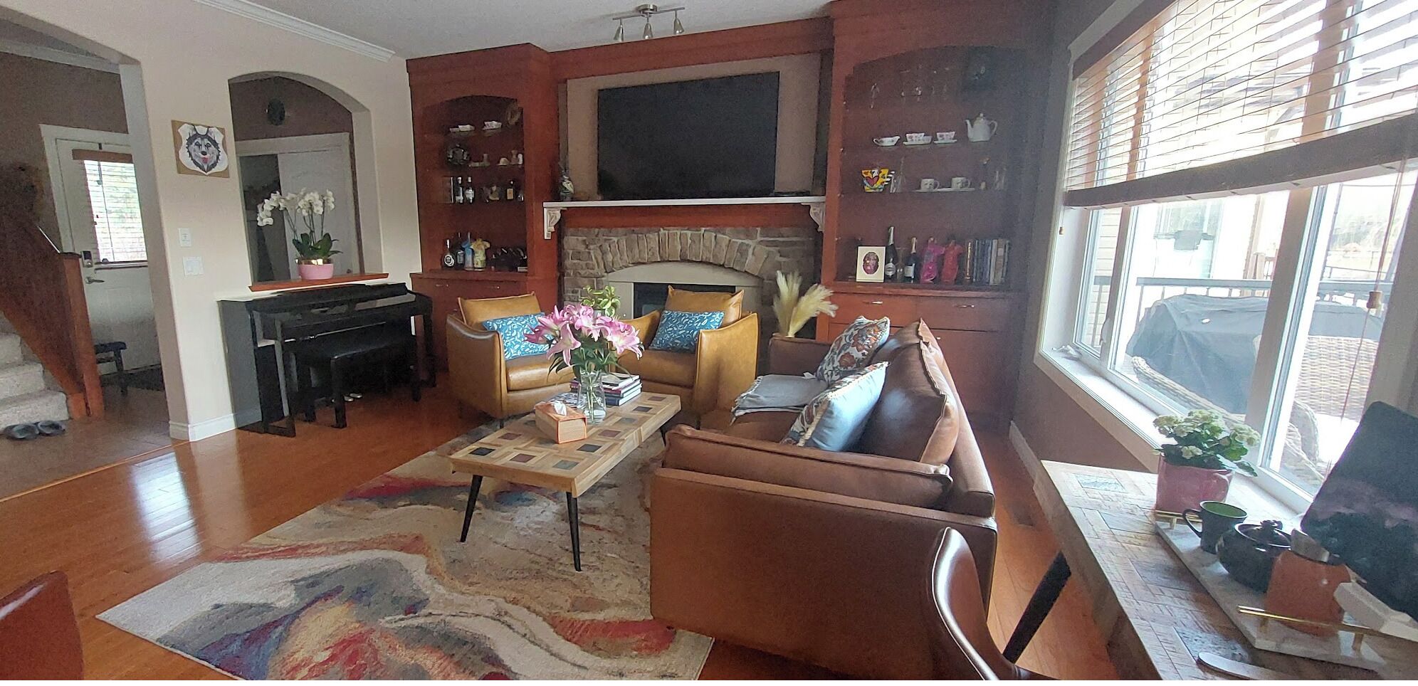 Smart TV, fireplace, books
