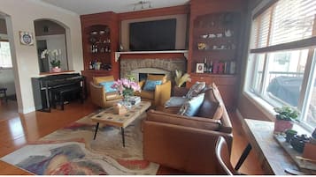 Smart TV, fireplace, books