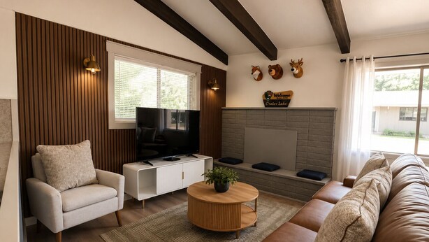 A modern living room with a sofa, a television, a fireplace, and a decorative wall. - Crater Lake Themed Retreat in Eagle Point (Eagle Point)