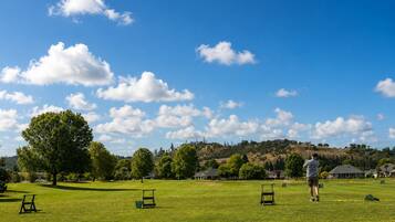 Un campo de golf con cielo despejado, un árbol grande y una persona jugando.