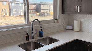Una cocina con un lavamanos doble, armarios oscuros, una ventana con vistas a casas y una encimera con dispensador de jabón.
