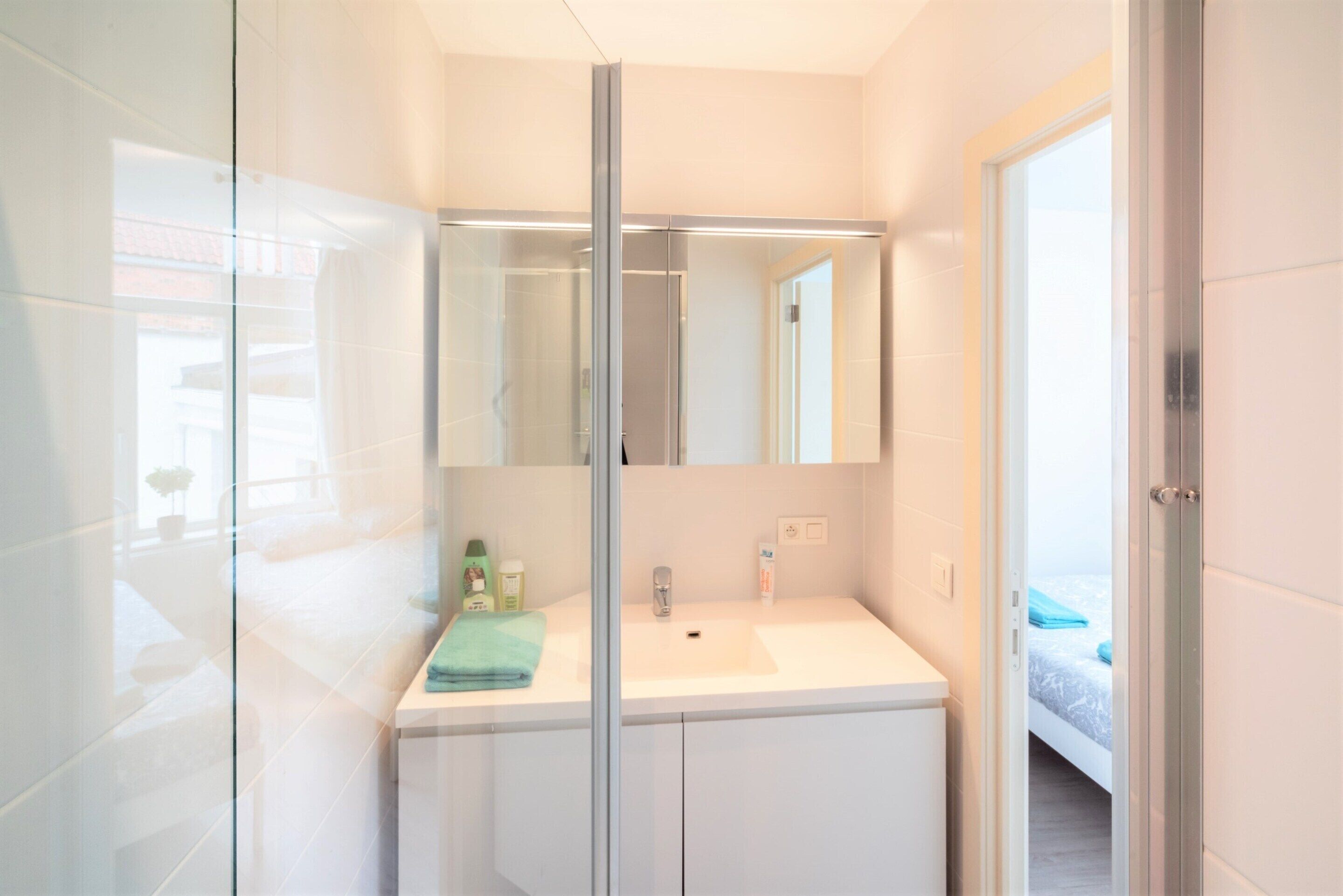 Ein modernes Badezimmer mit einer Duschkabine aus Glas, einem weißen Waschbecken und einem Spiegel darüber.
