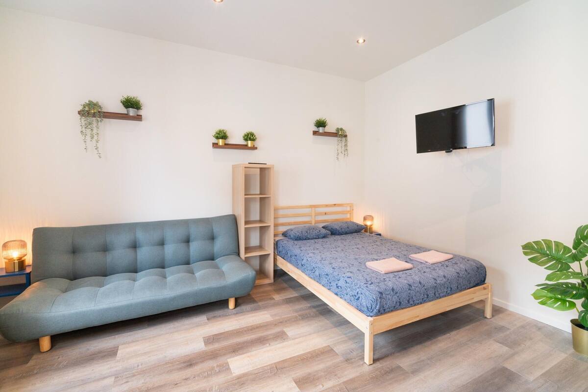 A bedroom with a bed, a sofa, a TV, and shelves with plants.
