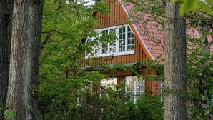 Una casa de madera con techo rojo, rodeada de árboles.