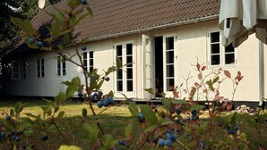 Une maison avec un toit en tuiles, de nombreuses fenêtres et une porte bien visible.