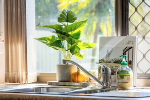 Un évier de cuisine avec une plante en pot, un livre intitulé « Vie et style » et une bouteille de savon Palmolive.