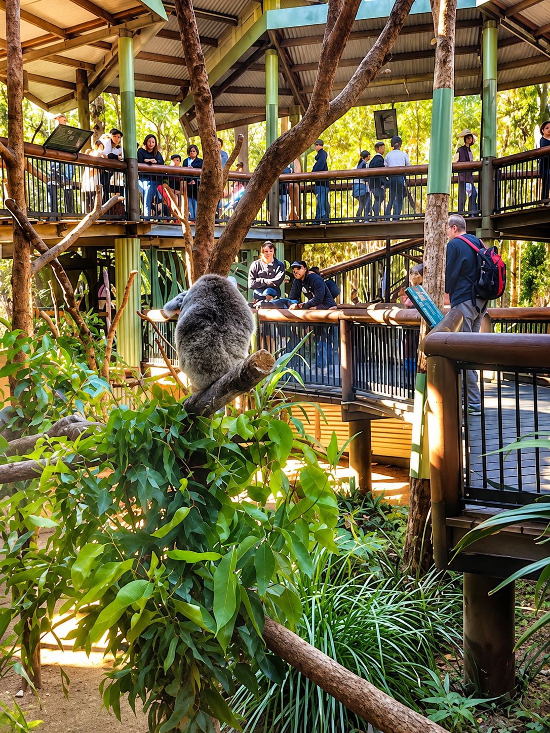 A zoo enclosure with a koala on a tree branch, surrounded by lush greenery.