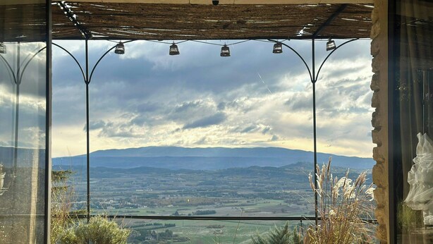 Vista a través de una ventana que muestra un muro de piedra, plantas en macetas y una estructura de pérgola metálica.