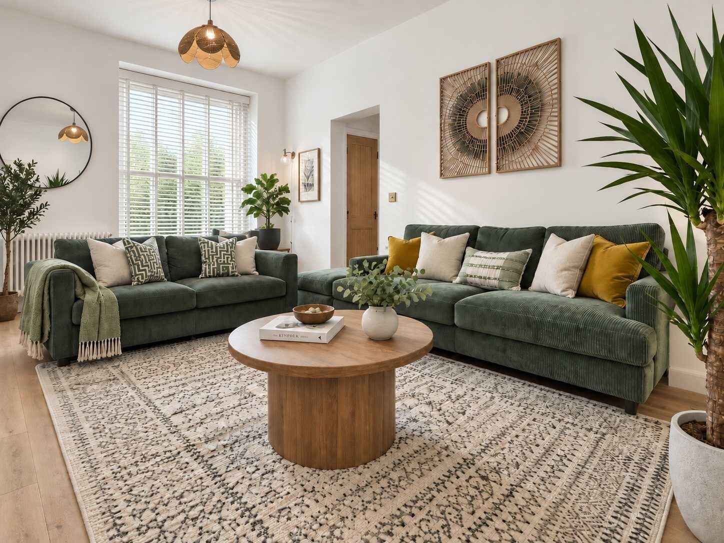 Ein Wohnzimmer mit zwei grünen Sofas, einem Holztisch und einem gemusterten Teppich.