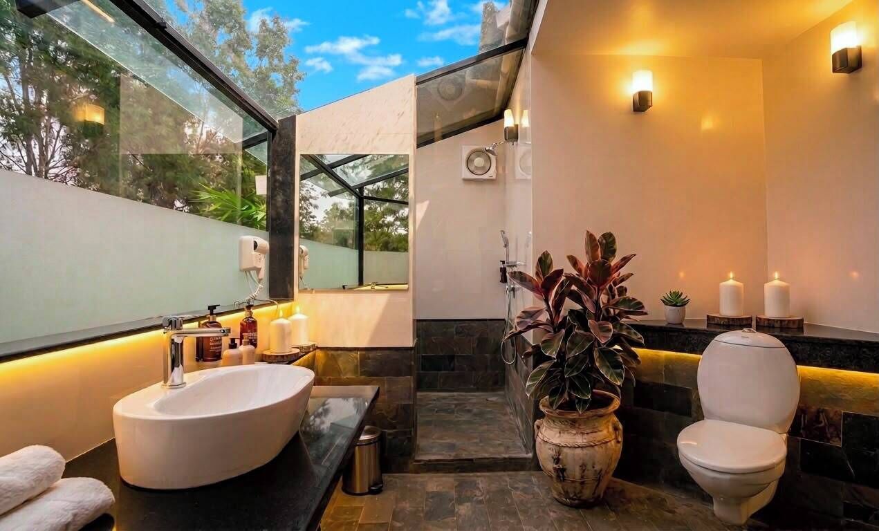 A modern bathroom with a large window, a sink, a toilet, and decorative candles.