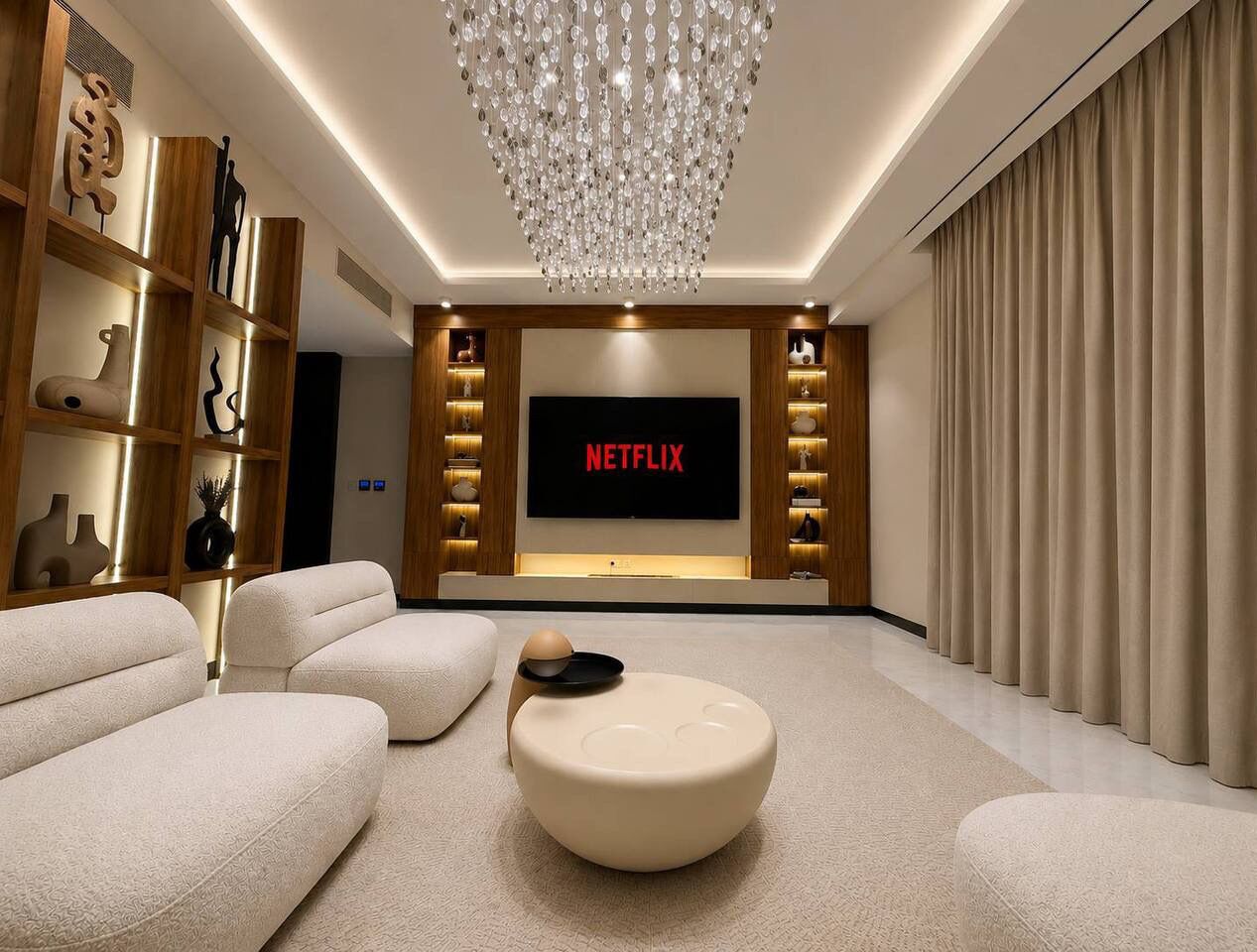 A modern living room with a large flat-screen TV, a chandelier, and a sofa.
