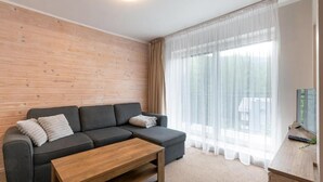 A modern living room with a sofa, a coffee table, and a TV on a wooden stand. - Willa Alaska (Karpacz)
