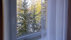 A window with a view of snow-covered trees. - Willa Alaska (Karpacz)