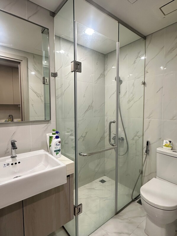 A modern bathroom with a glass shower enclosure, a white sink, and a toilet.
