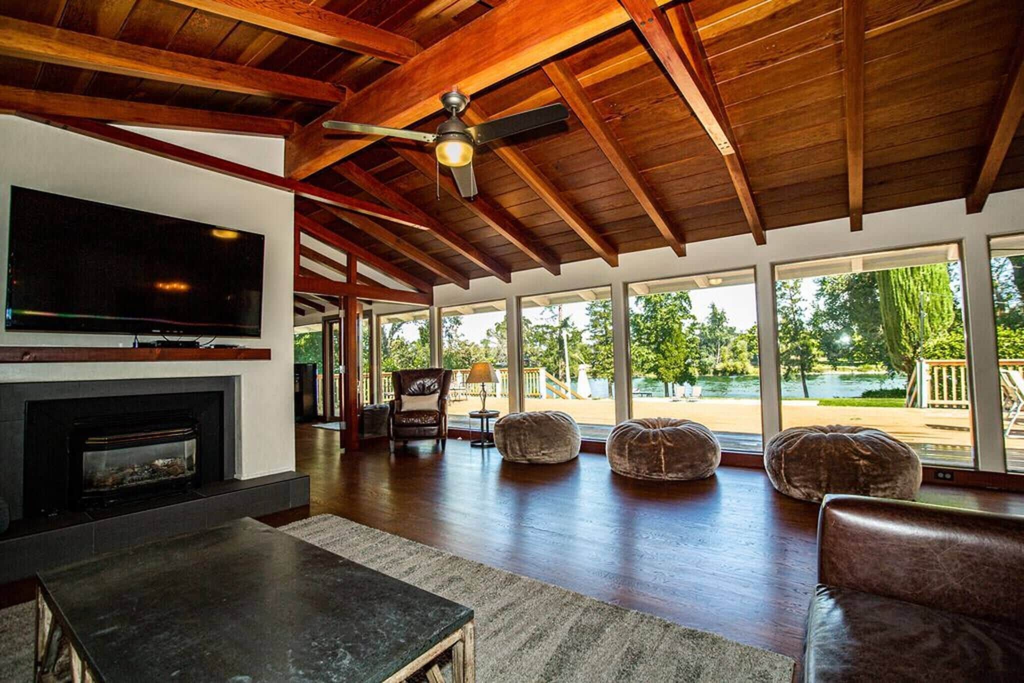 TV, fireplace, books, stereo