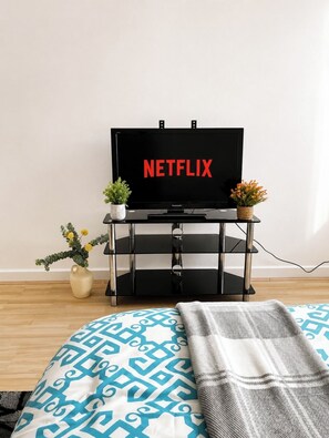 Ein Fernsehgerät auf einem schwarzen Ständer mit Netflix-Logo, einer kleinen Pflanze und einer Vase mit gelben Blumen.