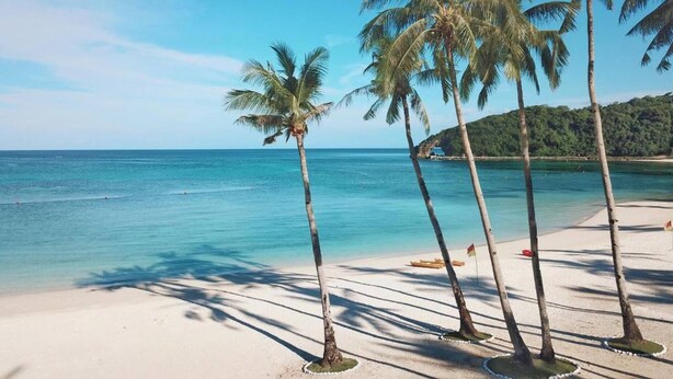 A beach with palm trees and clear blue water. - Serene 1-Bedroom Apartment in Boracay with Pool Access (Boracay Island)