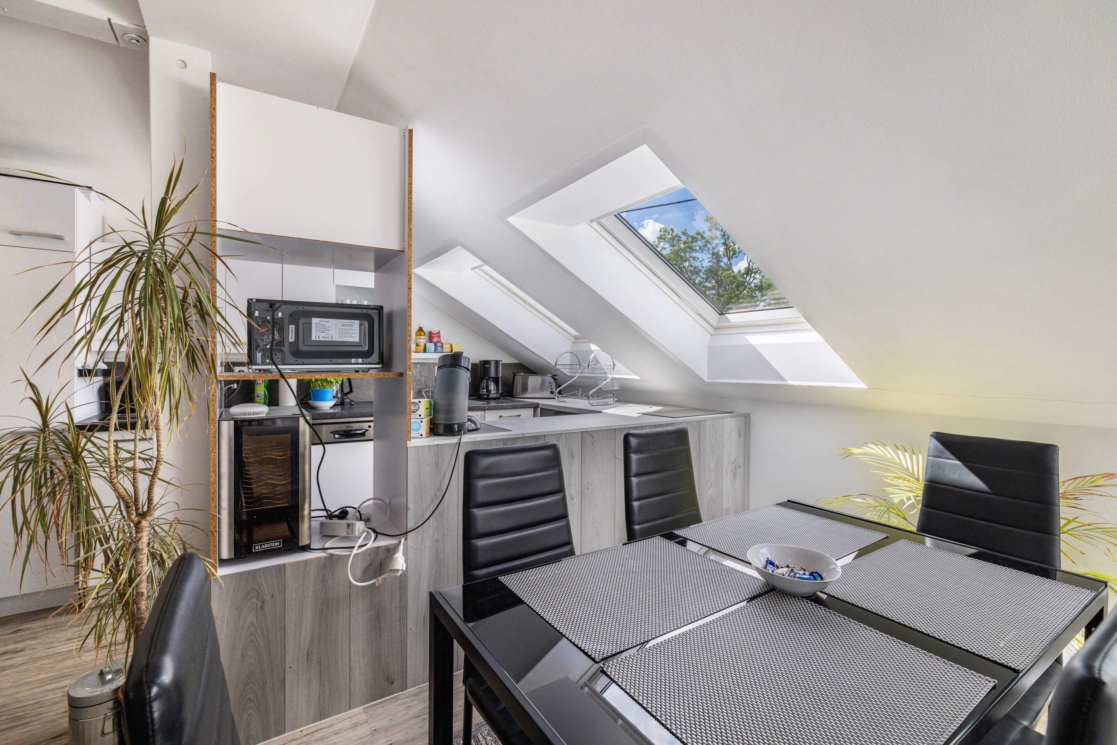 A modern kitchen with a skylight, a dining area with a table and chairs, and a potted plant.