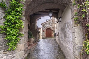 A narrow stone alleyway with a wooden door at the end, flanked by stone walls and greenery. - La Casa del Grillo Parlante (Collodi)
