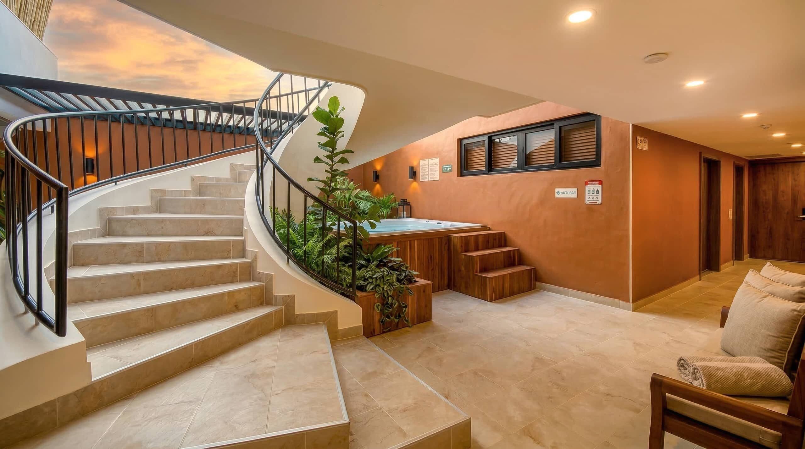 Un interior moderno con una escalera curva, una zona de estar con un banco de madera y un pequeño jardín interior.