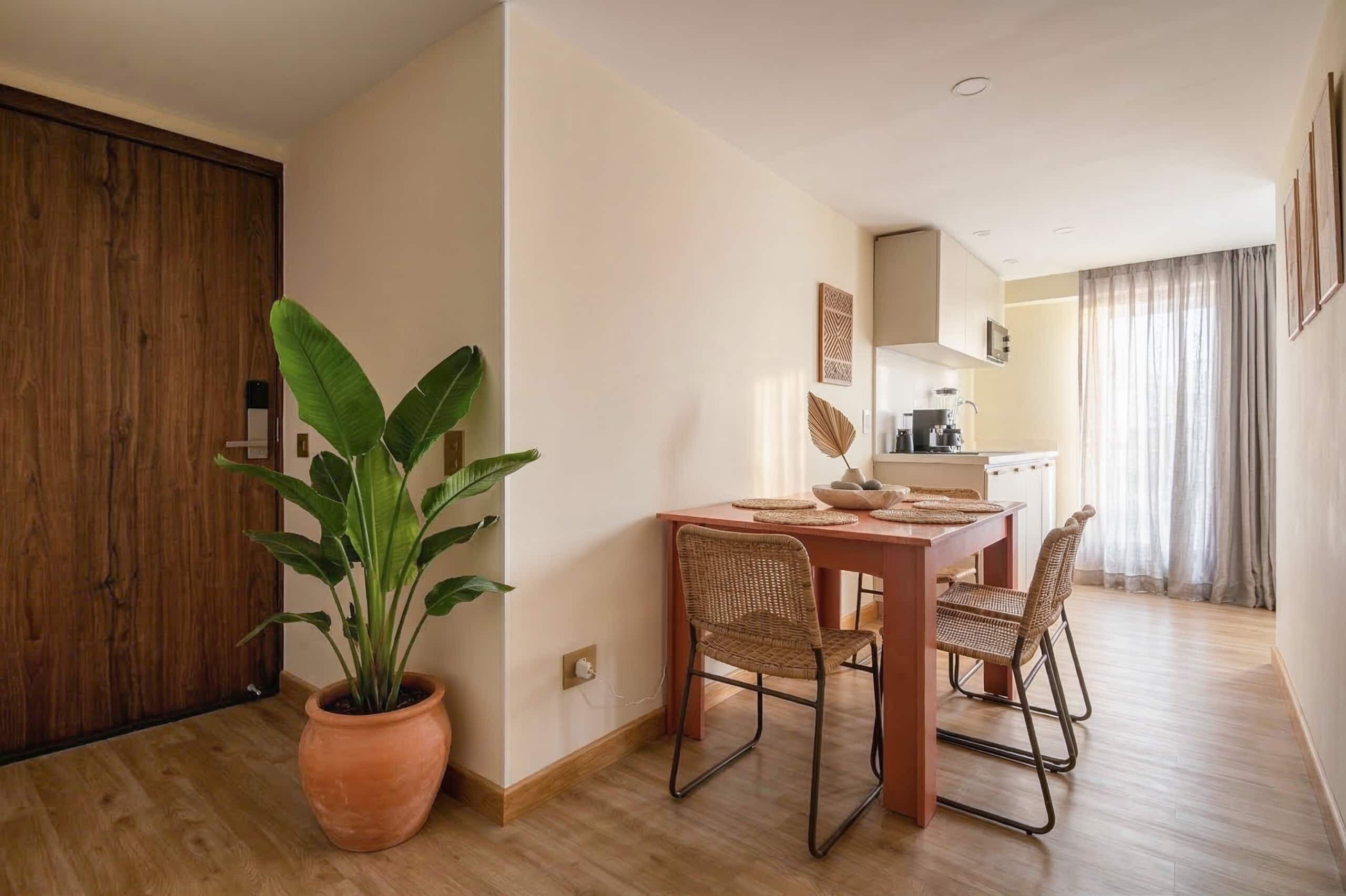 Un comedor con una mesa de madera, sillas de mimbre, una planta en maceta y una cocina al fondo.