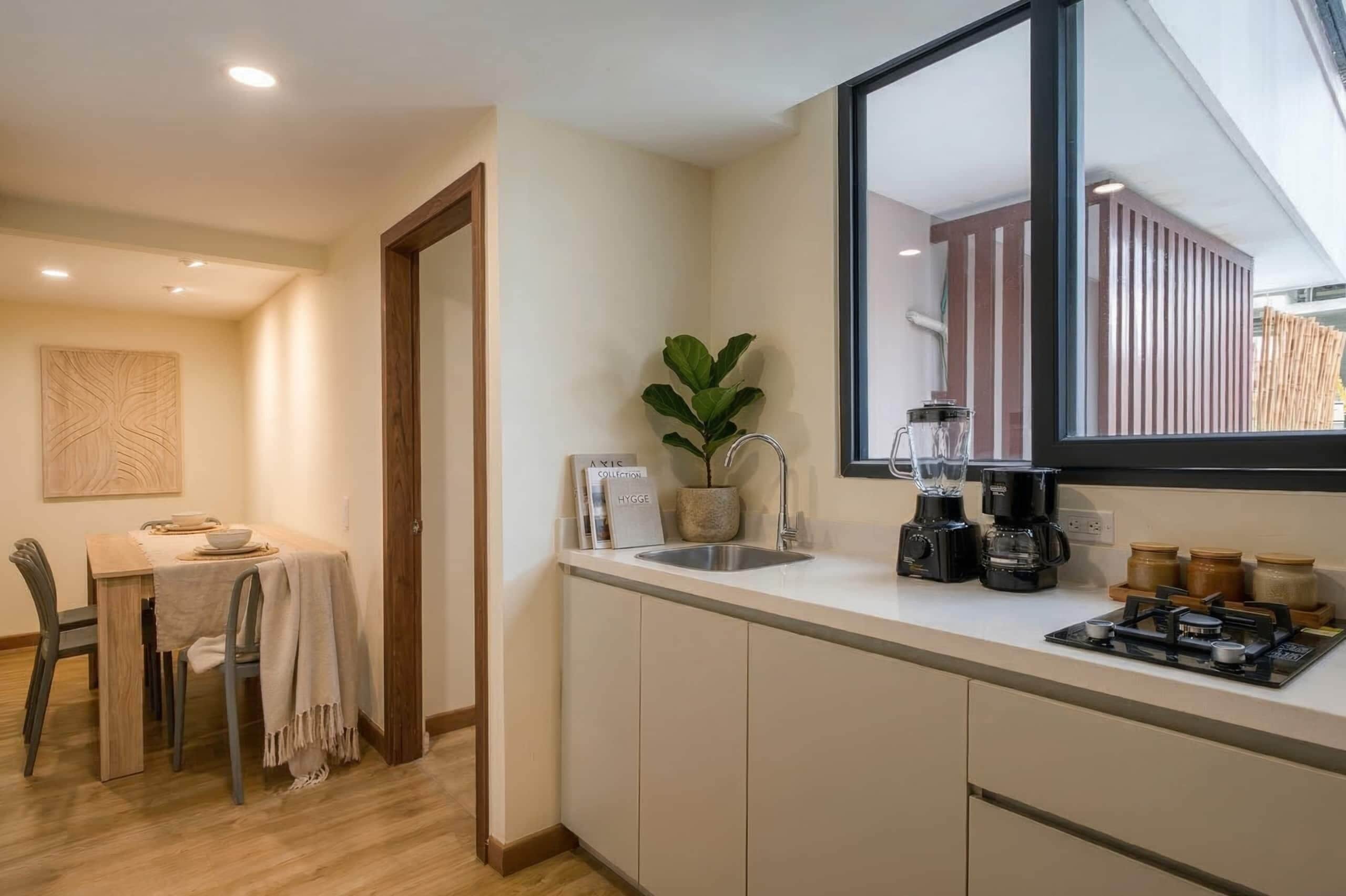 A modern kitchen with a large window, a sink, a coffee maker, and a potted plant.