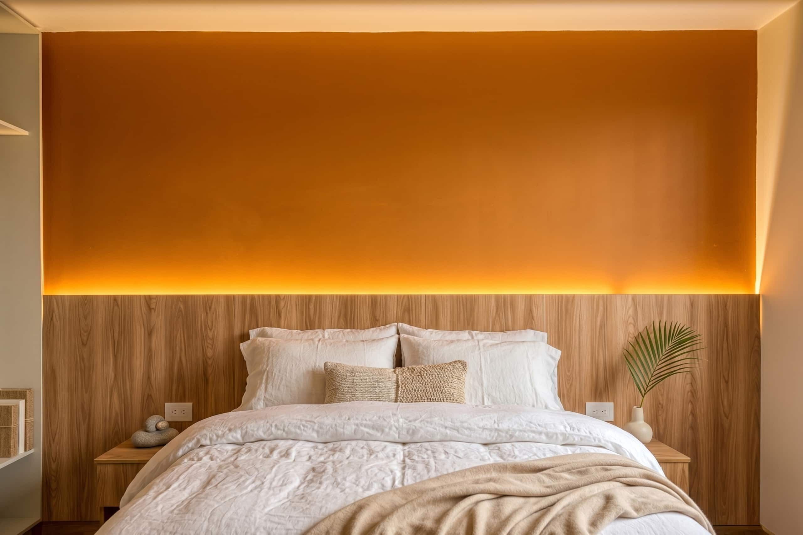 Een slaapkamer met een houten hoofdbord, een bed met wit beddengoed, en een nachtkastje met een lamp.