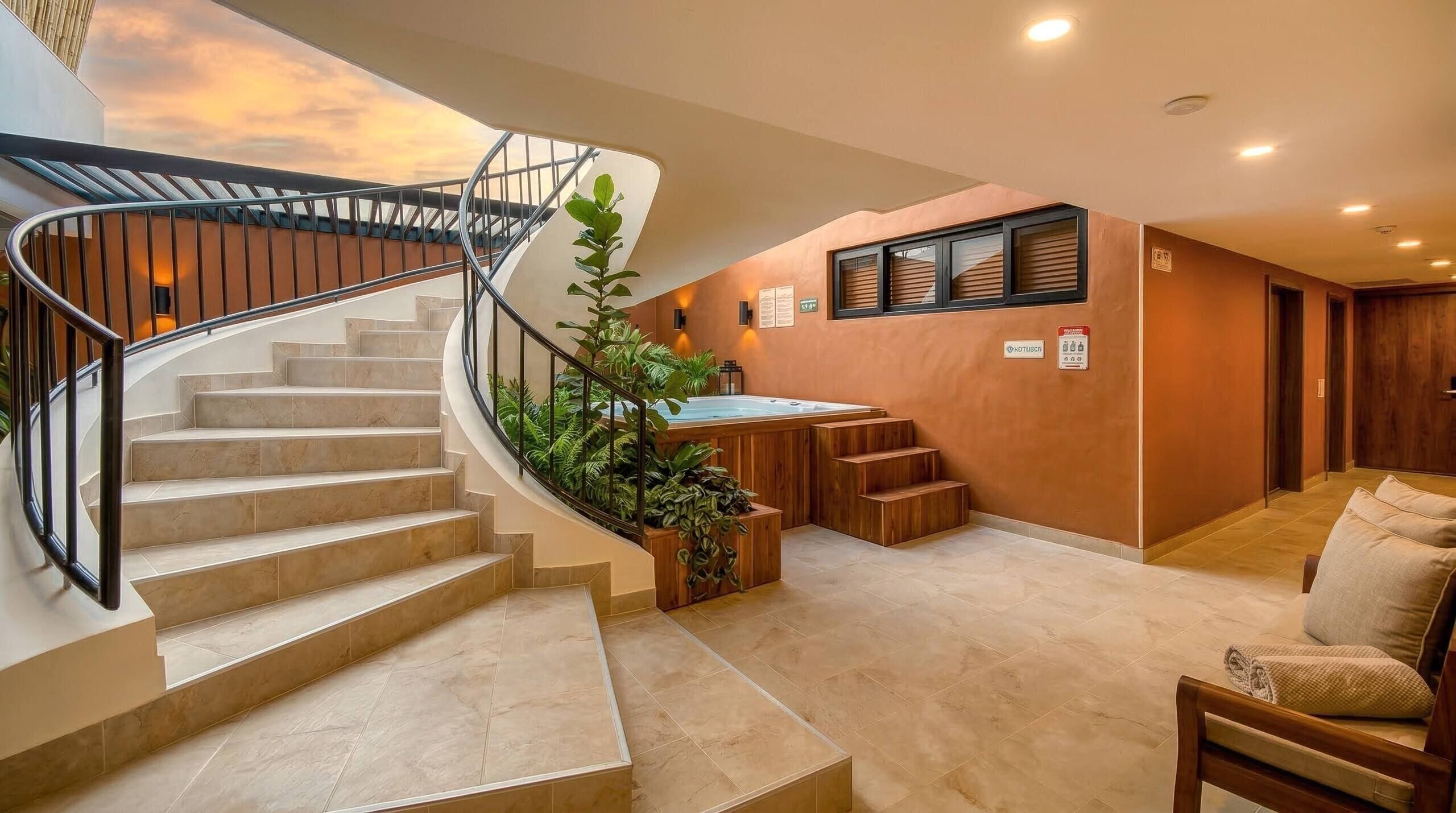 A modern interior with a spiral staircase, a hot tub, and a seating area.