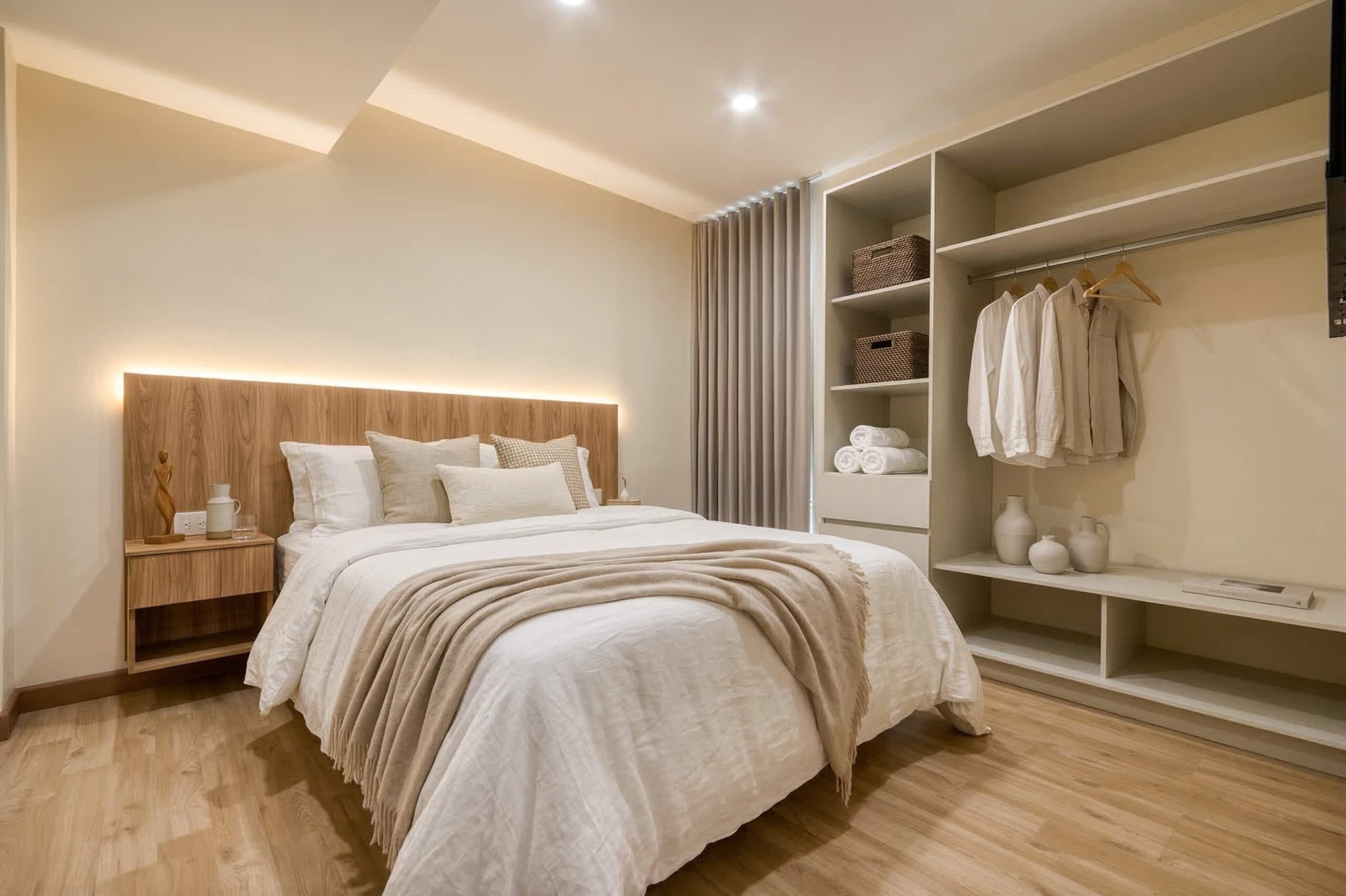 A modern bedroom with a wooden headboard, a large bed with multiple pillows, a bedside table with a lamp, and a walk-in closet with hanging clothes and shelves.