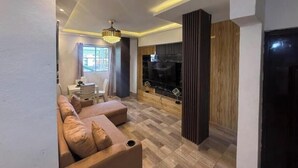 A modern living room with a sofa, a television, and a fireplace. - Apt Aconchegante+Private Jacuzzi+Wi-Fi+AC in Santo Domingo RD (Santo Domingo)