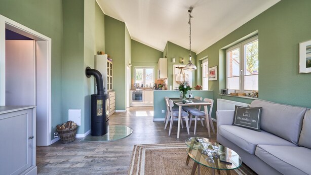 A modern kitchen with a dining area, a built-in stove, and a sofa in a green-walled living room.