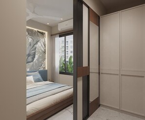 Quarto casal luxo, vista para a cidade | Cofres nos quartos, escrivaninha, espaço de trabalho para notebook