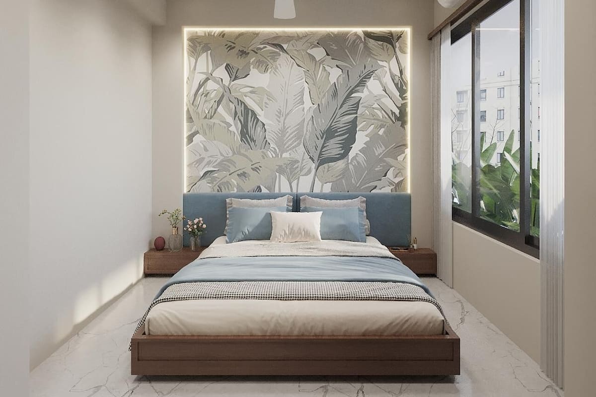 A modern bedroom with a large bed, a ceiling fan, and a view of buildings through a window.