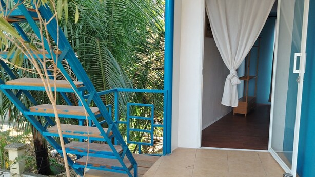 A blue staircase leading to a room with a white curtain, a potted plant, and a tiled floor. - Blu Corner - a place to relax (Lian)