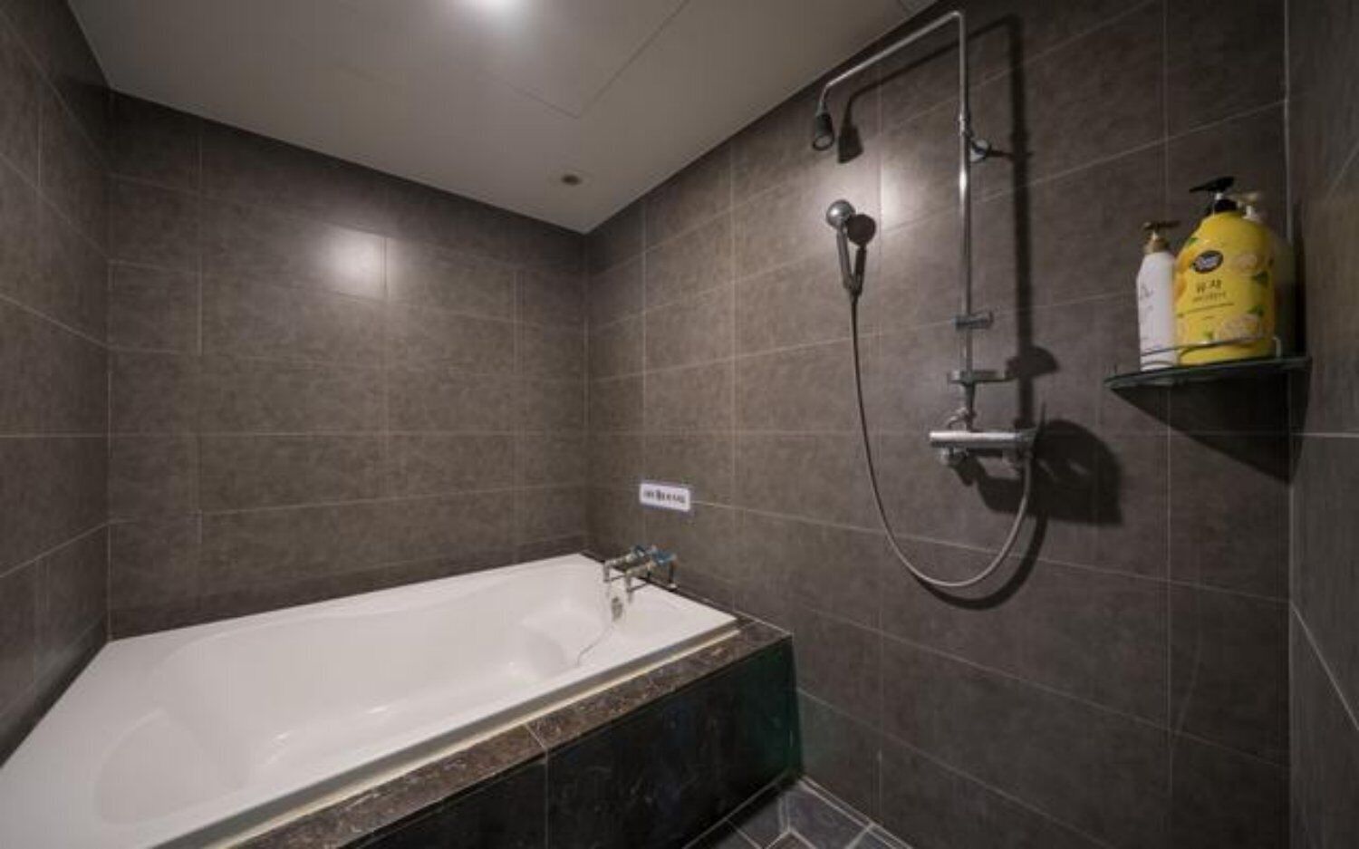 A modern bathroom with a bathtub, a shower, and a hand dryer.