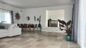 Un vaste espace de vie comprenant un canapé, une table à manger, des chaises, une plante en pot, et un coin cuisine à l’arrière-plan.