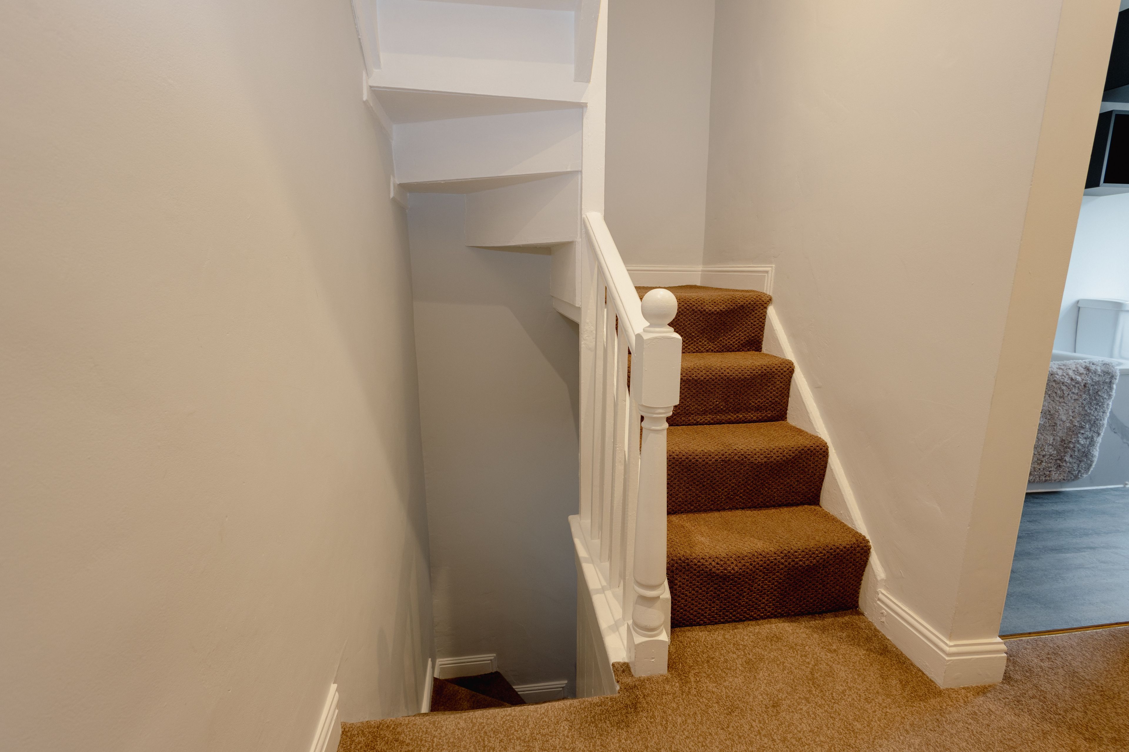 A staircase with a white railing and brown carpeted steps leading to a landing.