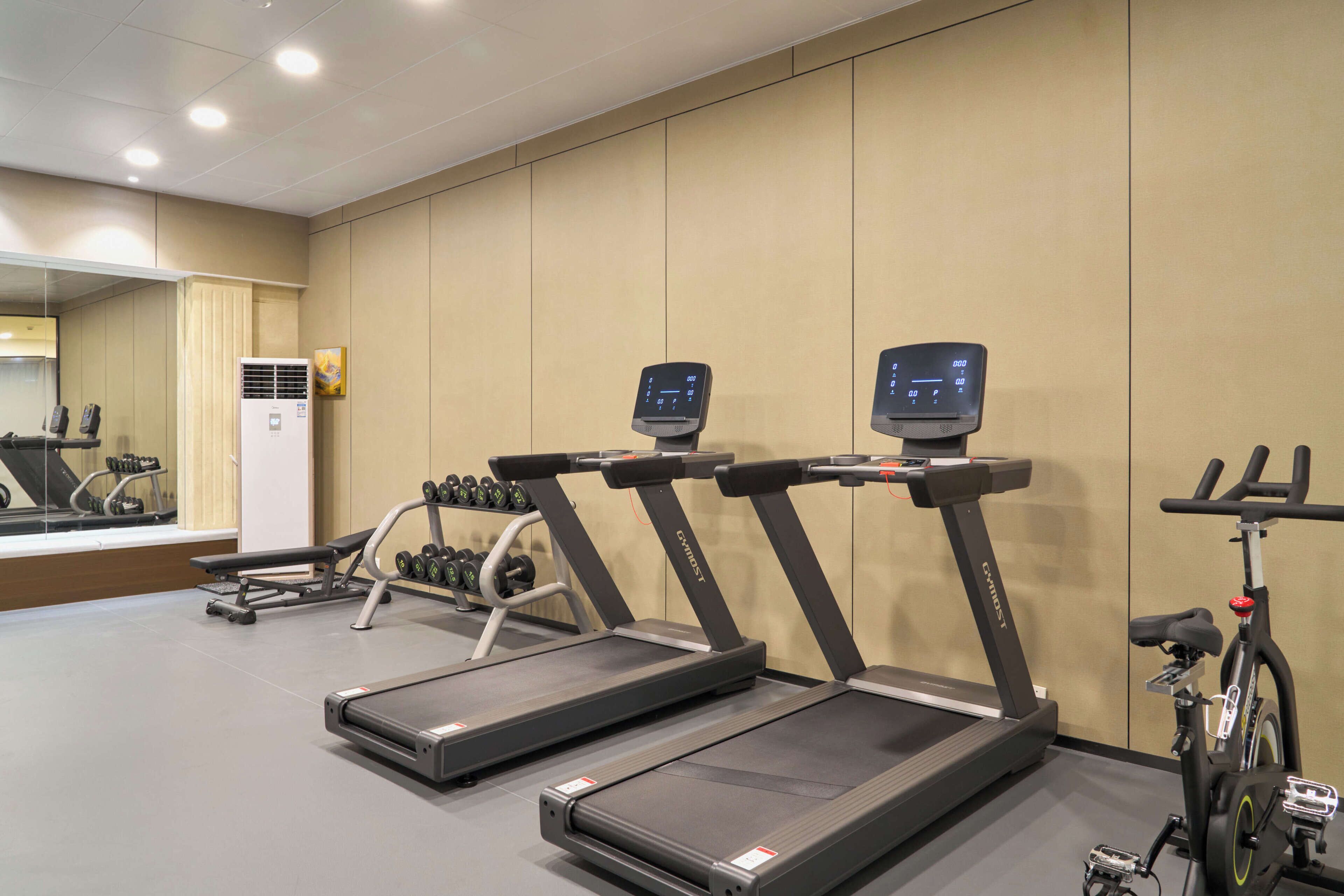 A gym with treadmills, dumbbells, and a stationary bike.
