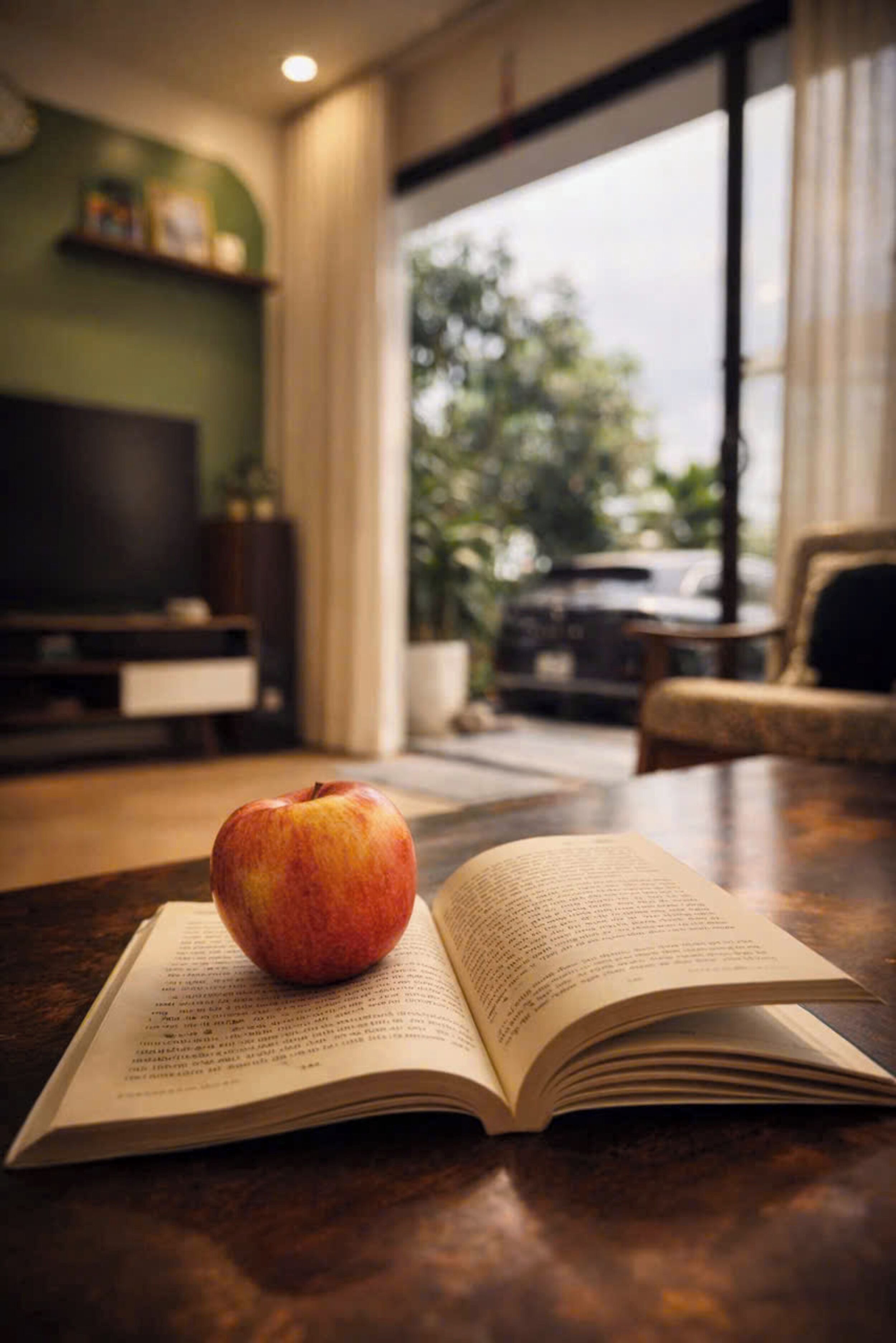 Ein offenes Buch mit einem Apfel darauf, ein Fernseher und Blick ins Grüne durch ein Fenster.