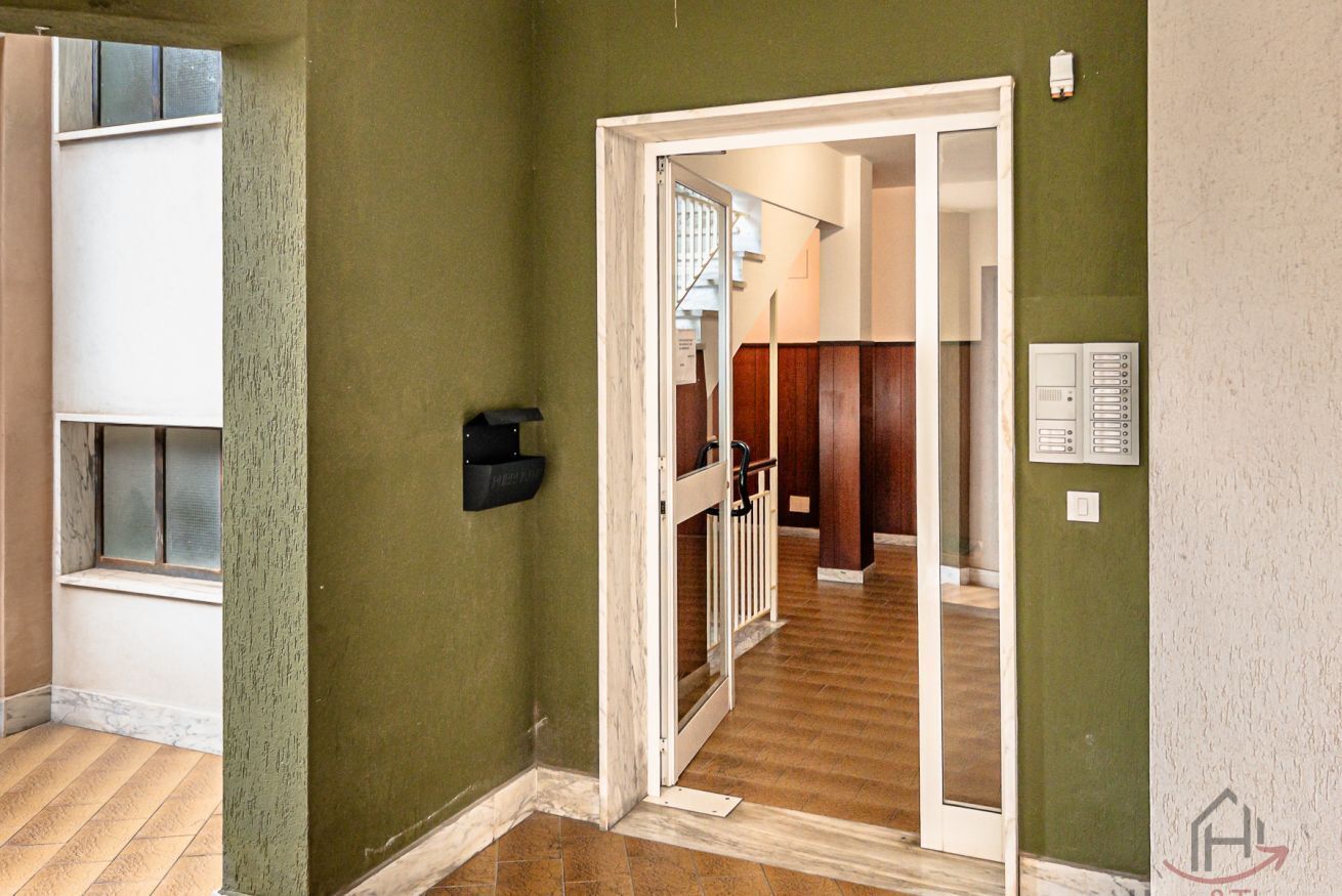 A hallway with a wooden floor, a white door, and a green wall.