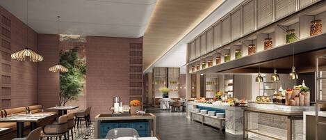 A modern restaurant interior with high ceilings, brick walls, and a long counter with food displays.