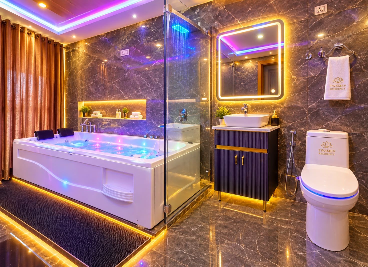 Une salle de bain moderne avec un jacuzzi entouré de parois en verre, un meuble-lavabo et des toilettes.