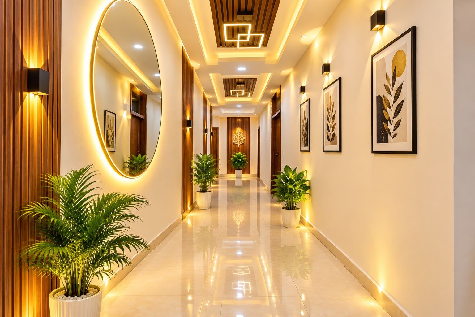 A modern hallway with a polished floor, wall-mounted artwork, and potted plants.