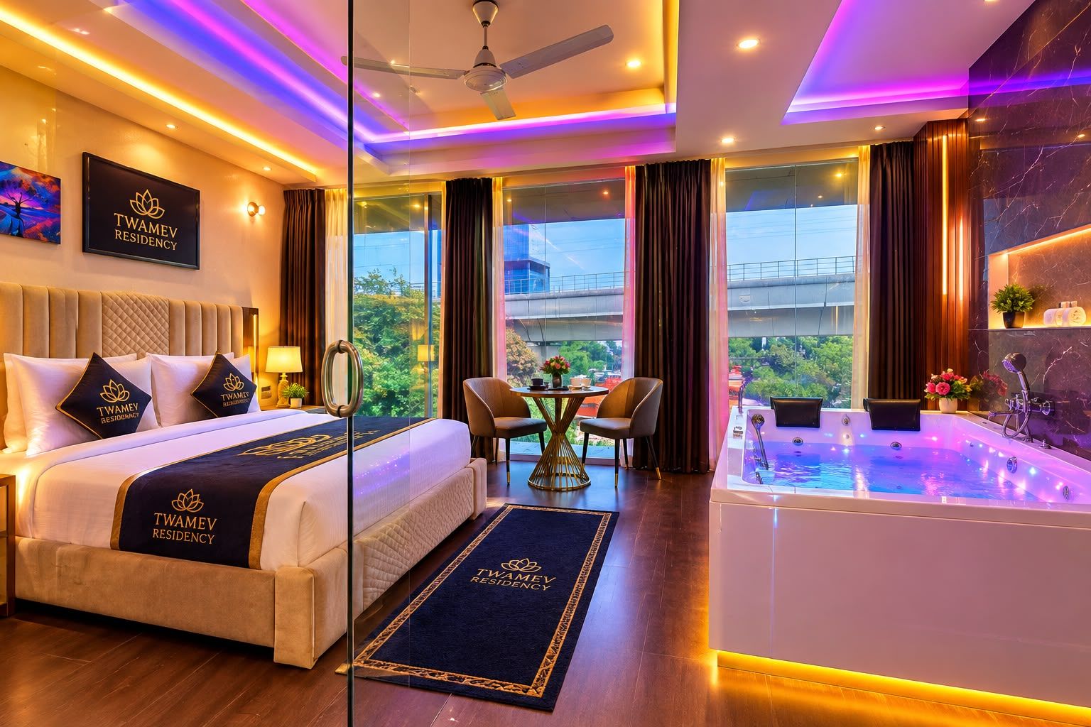 A TWAMEV RESIDENCY hotel room with a bed, a desk, a chair, a large window, and a jacuzzi.
