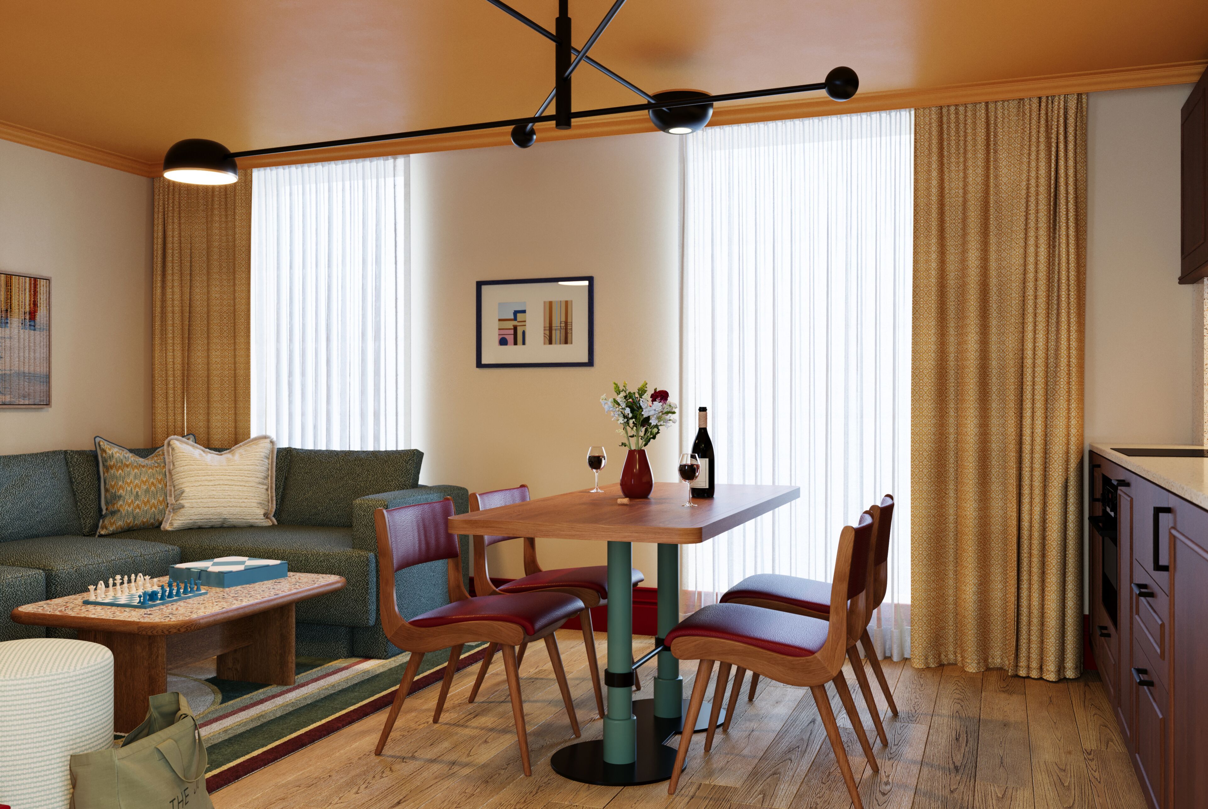 Een gezellig, ruimtelijk ingerichte leefruimte met een eettafel, stoelen, een bank, een klein bijzettafeltje en een keukenhoek.