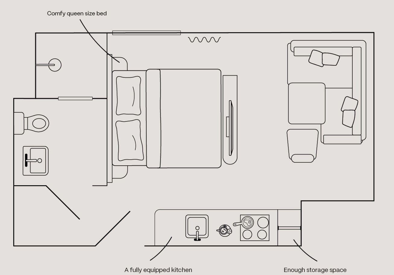 A room layout with a queen size bed, a fully equipped kitchen, and ample storage space.